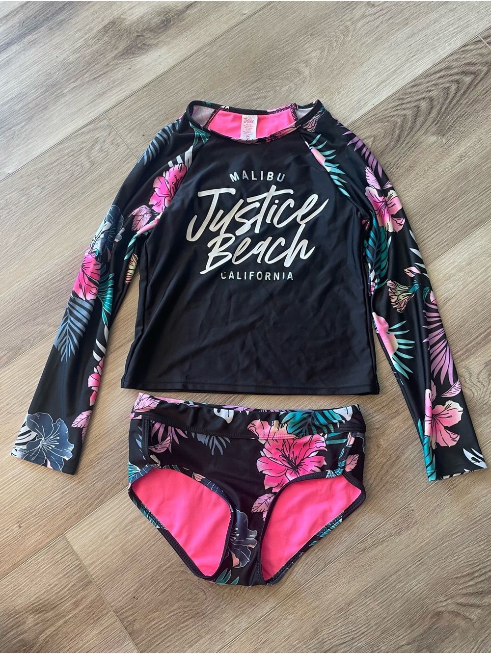 Justice Black Floral Rash Guard Swimsuit Set with Pink Accents